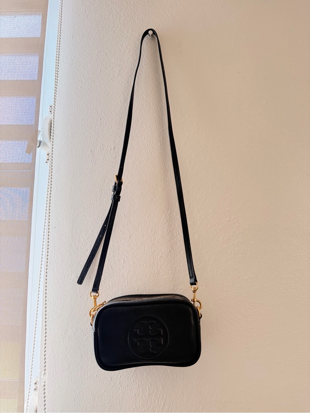 Tory Burch Black Leather Camera Crossbody with Gold Hardware